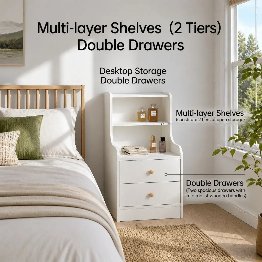 Sleek White Bedside Table with 2 Drawers and 2 Open Shelves 83x32x60cm