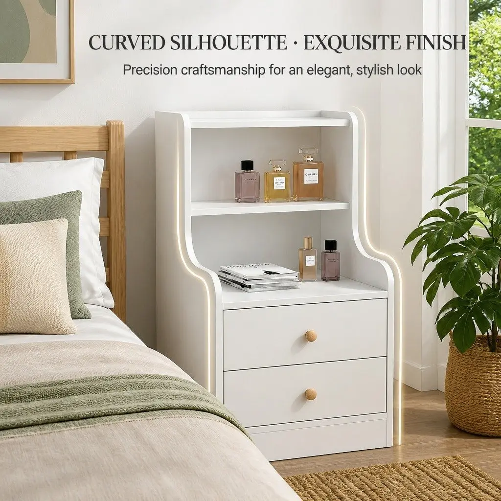 Sleek White Bedside Table with 2 Drawers and 2 Open Shelves 83x32x60cm