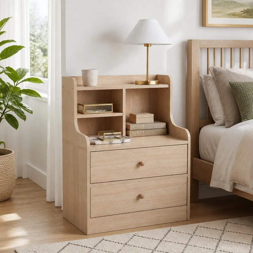 Scandinavian Bedside Table with 2 Drawers and Open Storage 67cm Light Wood