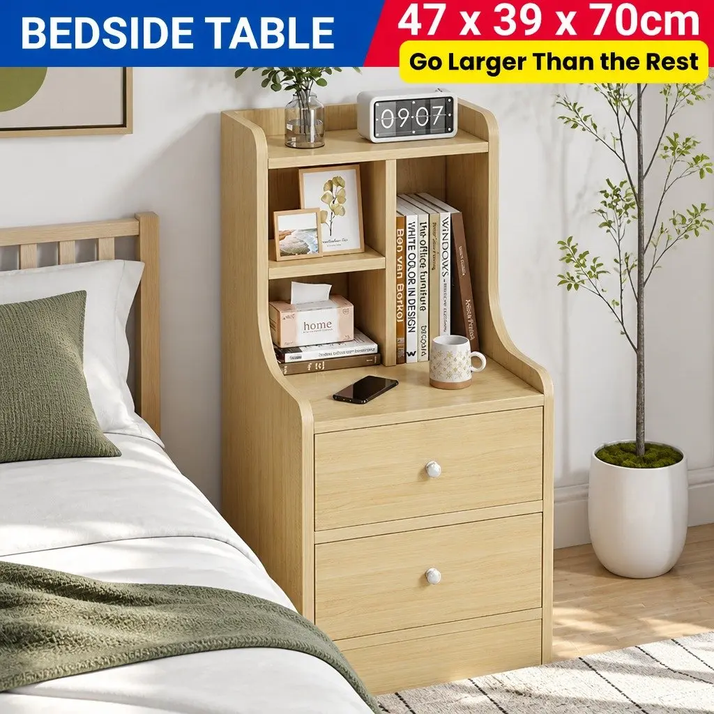 Scandinavian Bedside Table with 2 Drawers and Open Storage 67cm Light Wood