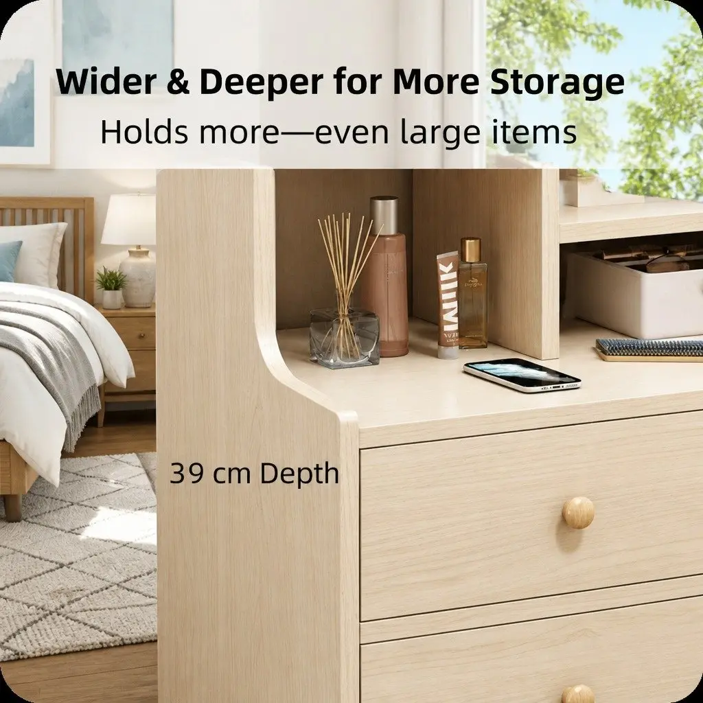 Scandinavian Bedside Table with 2 Drawers and Open Storage 67cm Light Wood