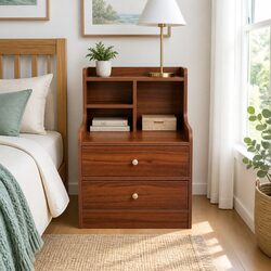 Vintage Reddish-Brown Bedside Table with Drawers