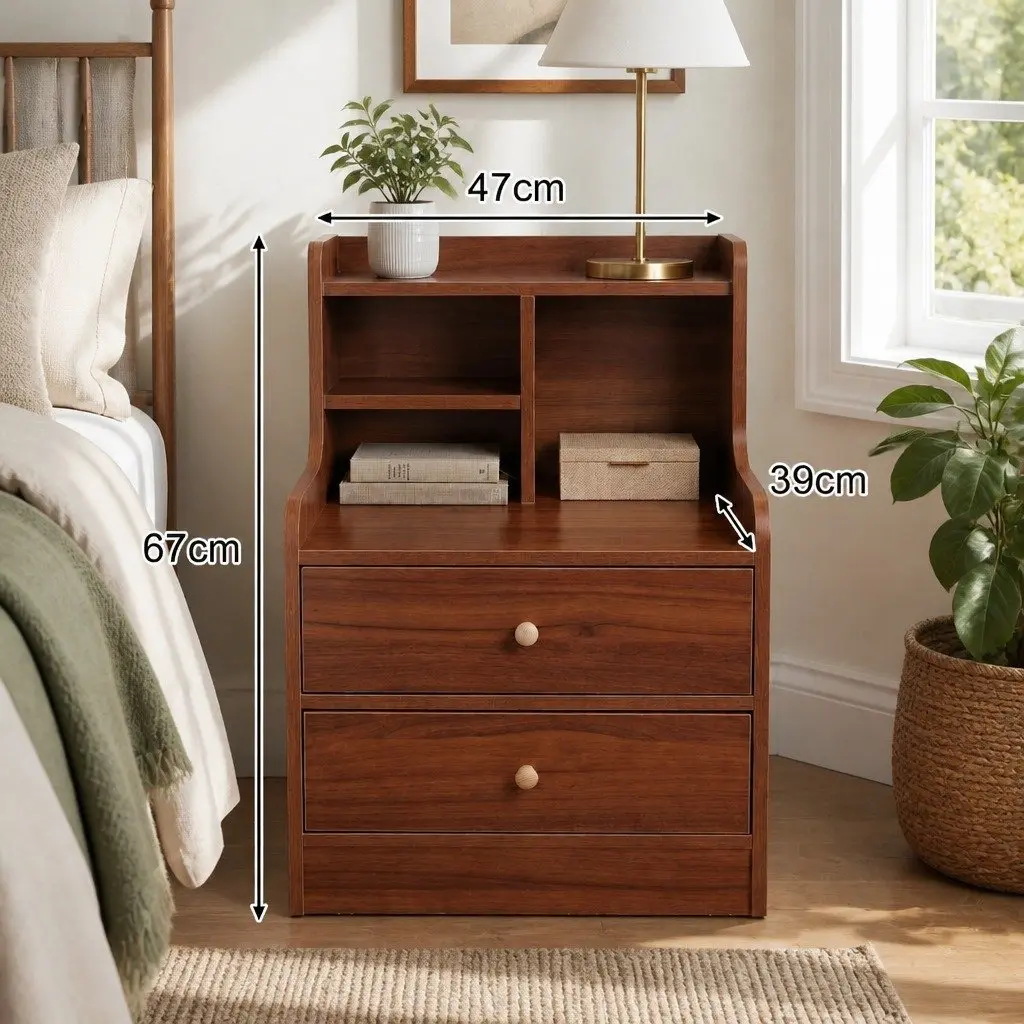 Vintage Reddish-Brown Bedside Table with Drawers