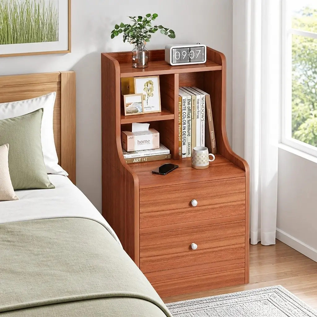 Vintage Reddish-Brown Bedside Table with Drawers