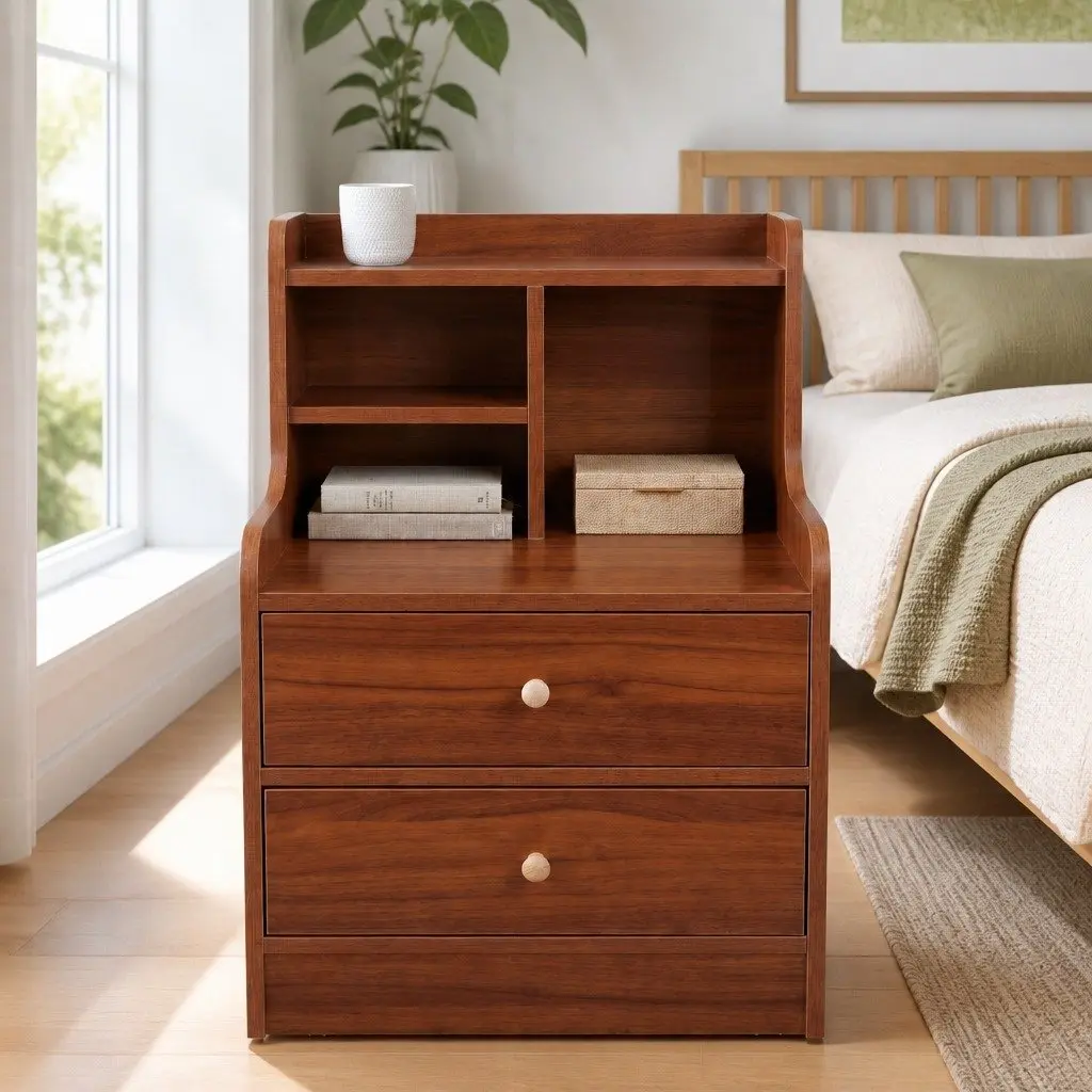 Vintage Reddish-Brown Bedside Table with Drawers