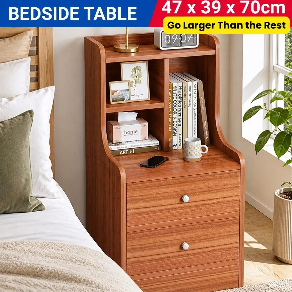 Vintage Reddish-Brown Bedside Table with Drawers