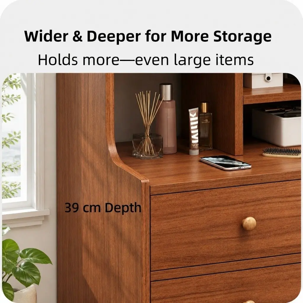 Vintage Reddish-Brown Bedside Table with Drawers