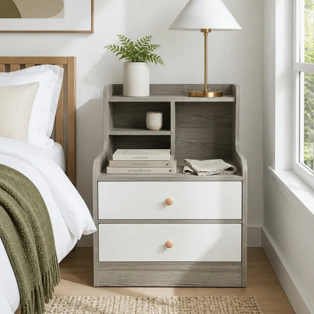Bedside Table Nightstand Curved Design Wood Grain Light Gray White Fronts Drawer