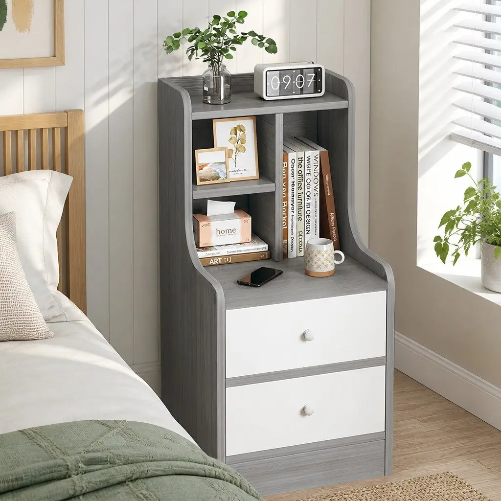 Bedside Table Nightstand Curved Design Wood Grain Light Gray White Fronts Drawer
