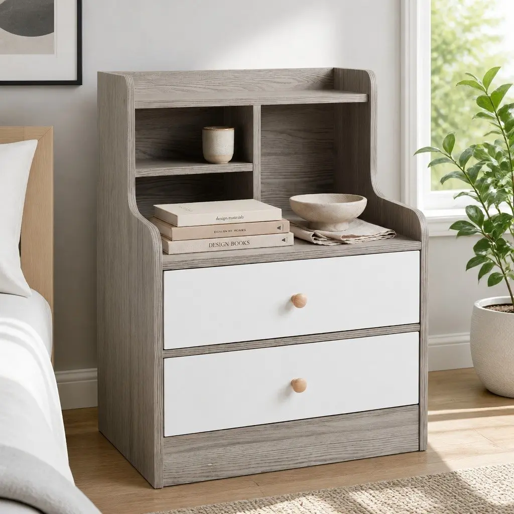 Bedside Table Nightstand Curved Design Wood Grain Light Gray White Fronts Drawer