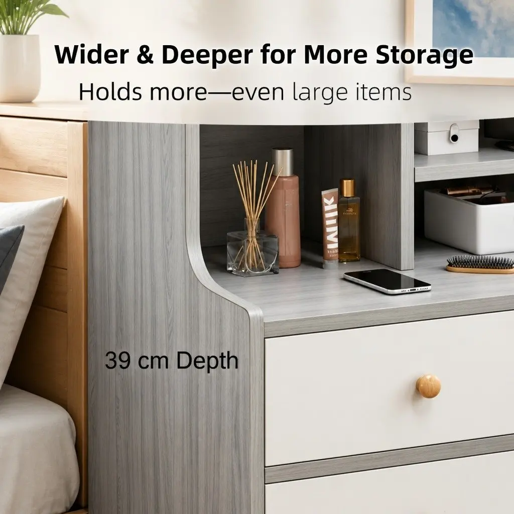 Bedside Table Nightstand Curved Design Wood Grain Light Gray White Fronts Drawer