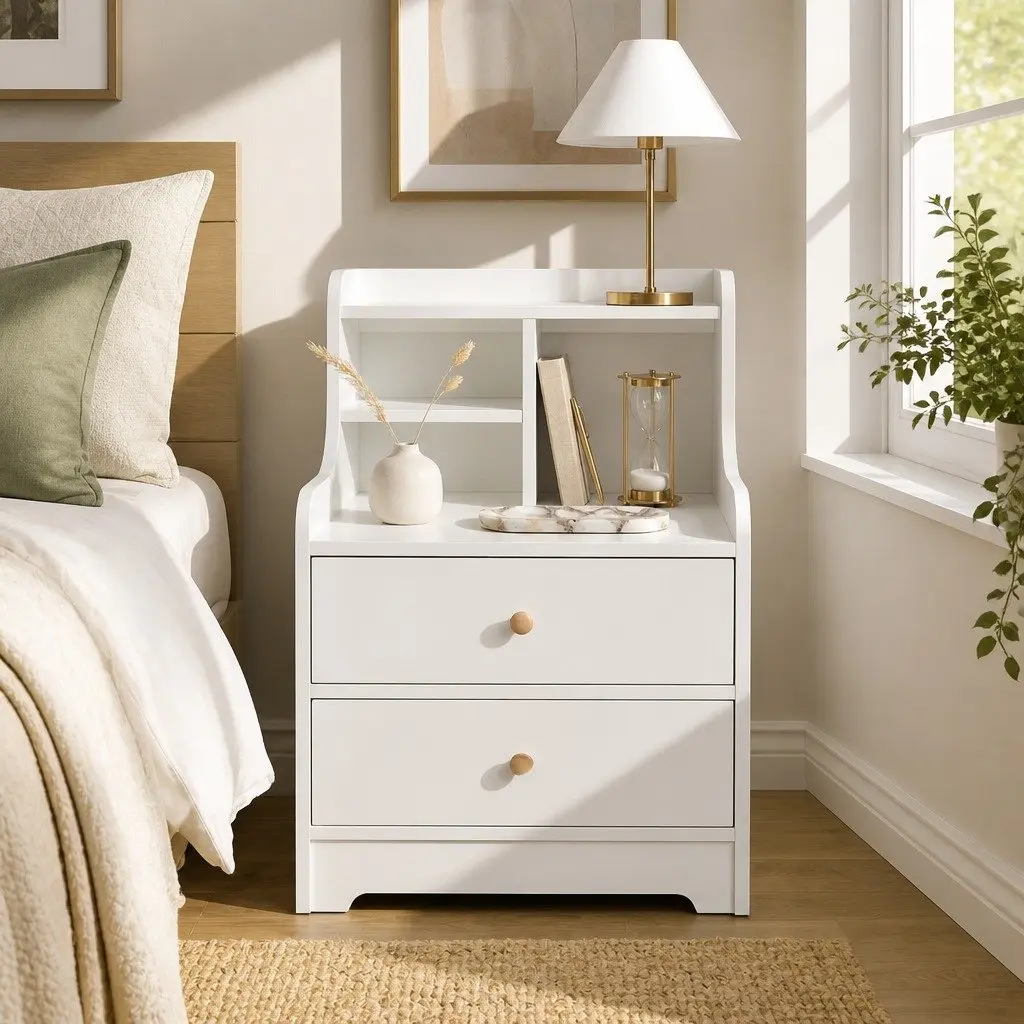 White Bedside Table Nightstand with 2 Drawers and Curved Sides 67cm