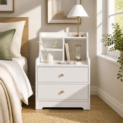 Warm White Wooden Bedside Table with Curved Sides