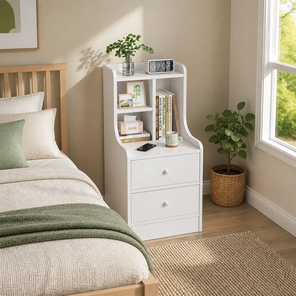 White Bedside Table Nightstand with 2 Drawers and Curved Sides 67cm
