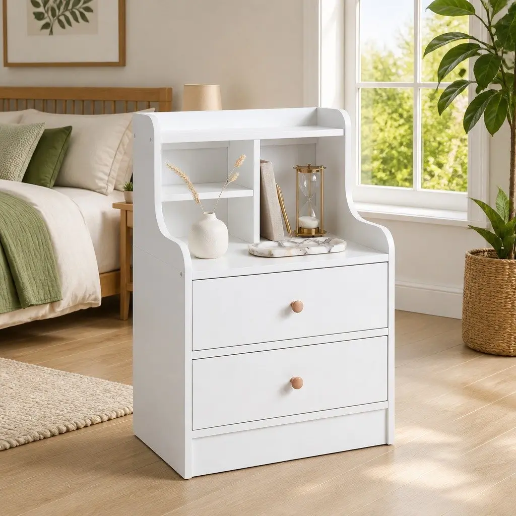 White Bedside Table Nightstand with 2 Drawers and Curved Sides 67cm