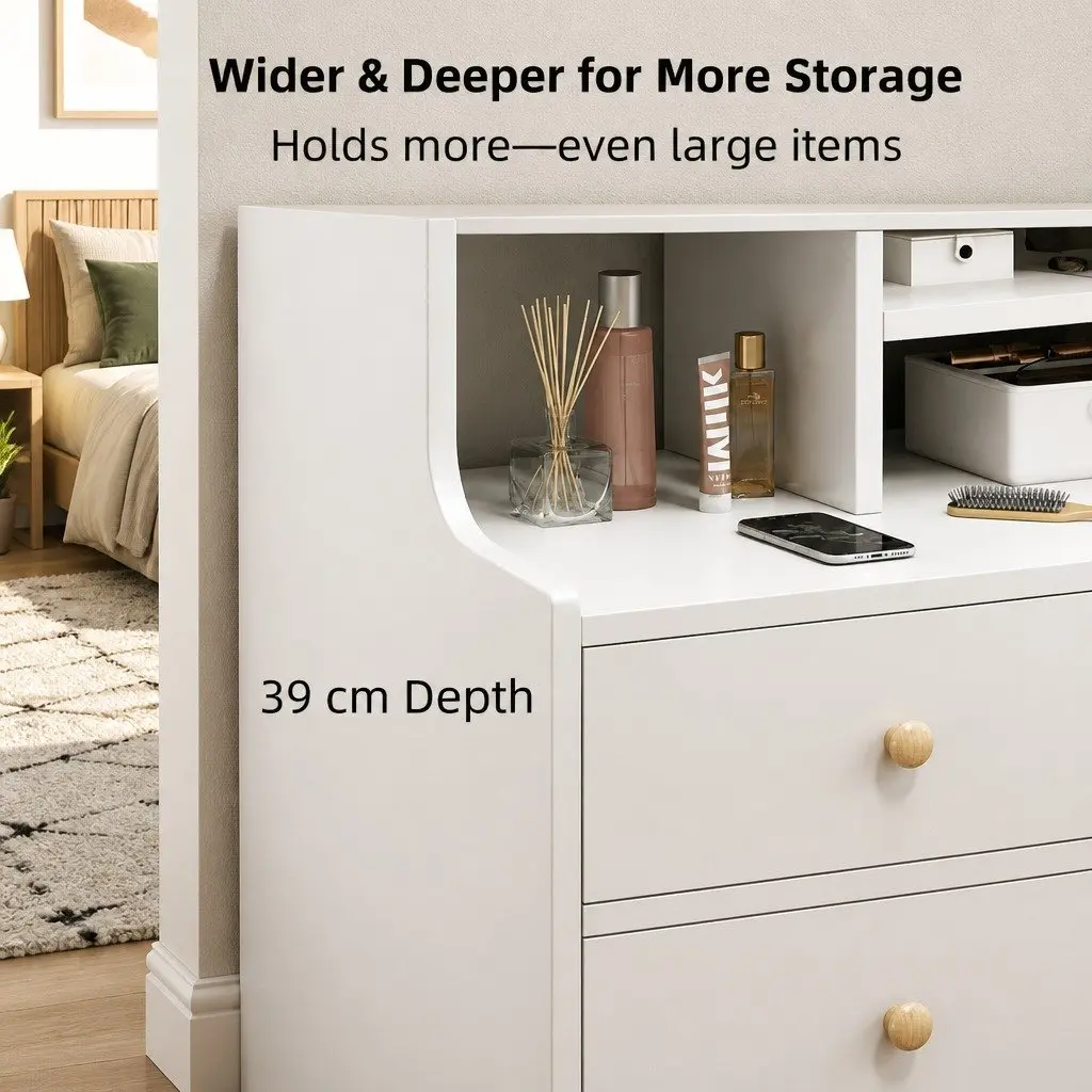 White Bedside Table Nightstand with 2 Drawers and Curved Sides 67cm