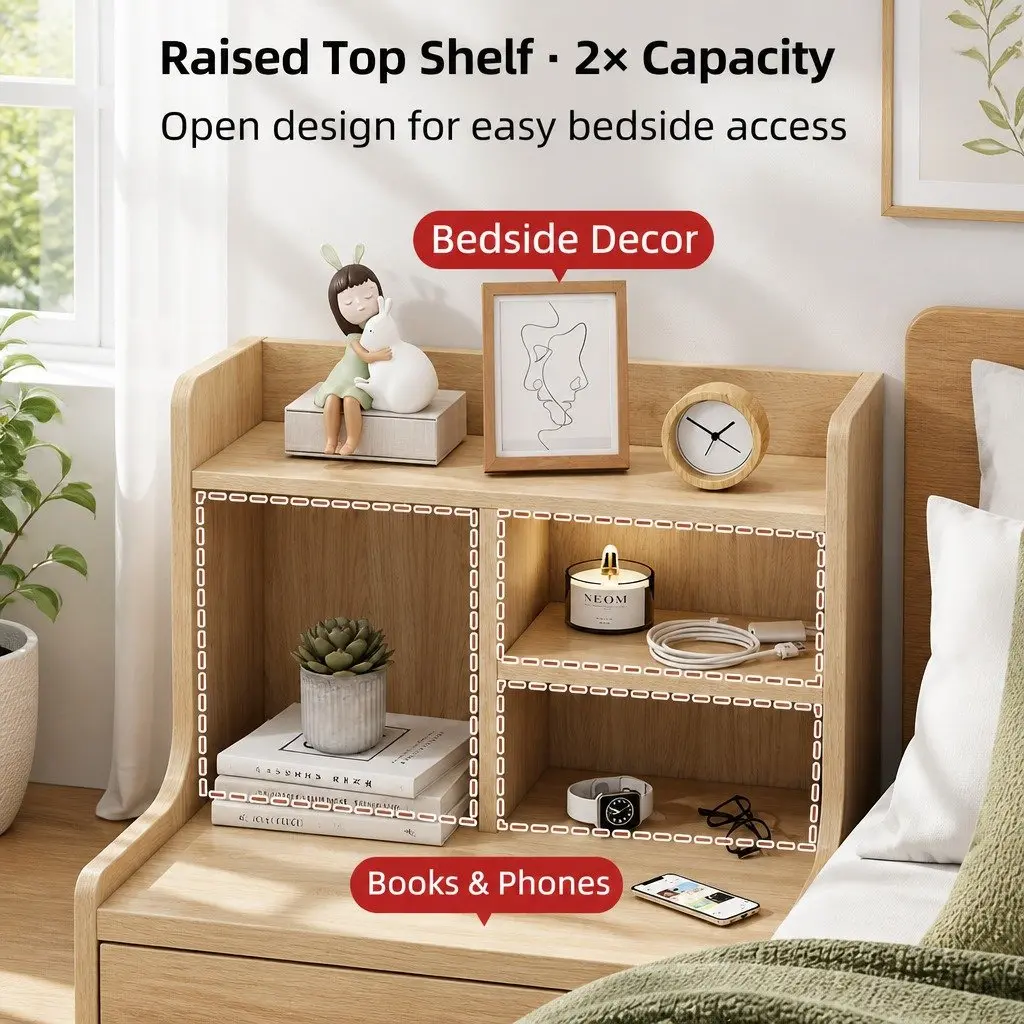 Nordic Style Nightstand with Drawer and Open Shelf