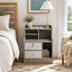 Charming Light Gray Nightstand with Drawer and Shelf