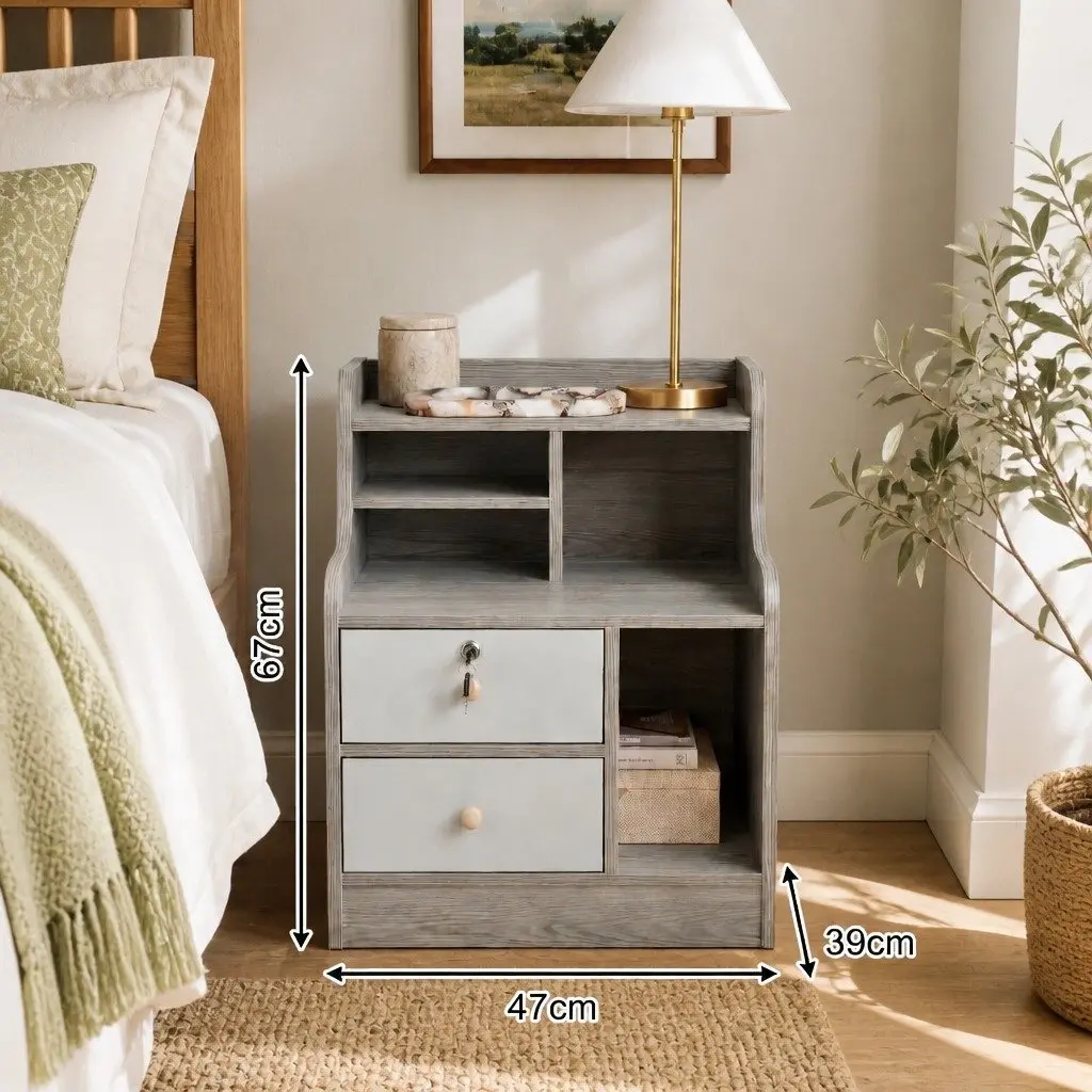 Light Gray Bedside Table Nightstand with 2 Drawers and Open Shelf Storage 70cm
