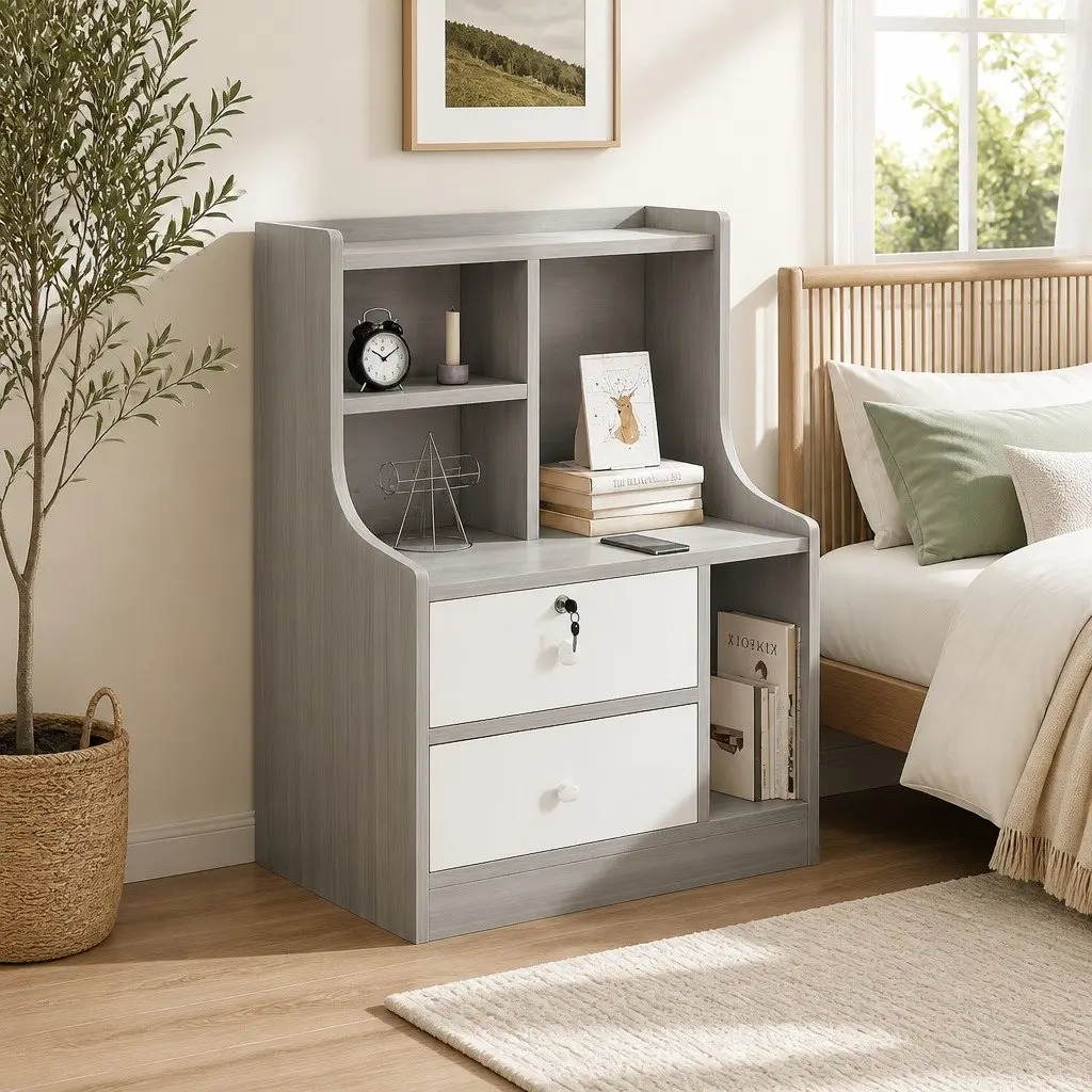 Light Gray Bedside Table Nightstand with 2 Drawers and Open Shelf Storage 70cm