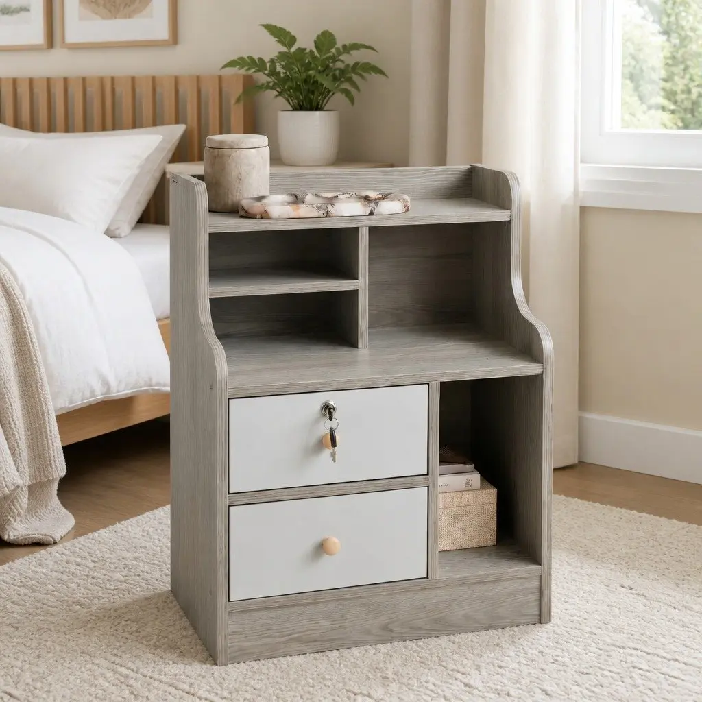 Light Gray Bedside Table Nightstand with 2 Drawers and Open Shelf Storage 70cm