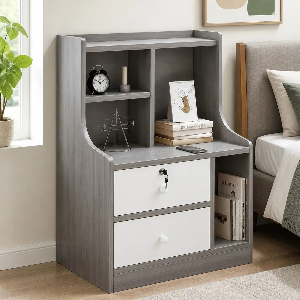 Light Gray Bedside Table Nightstand with 2 Drawers and Open Shelf Storage 70cm
