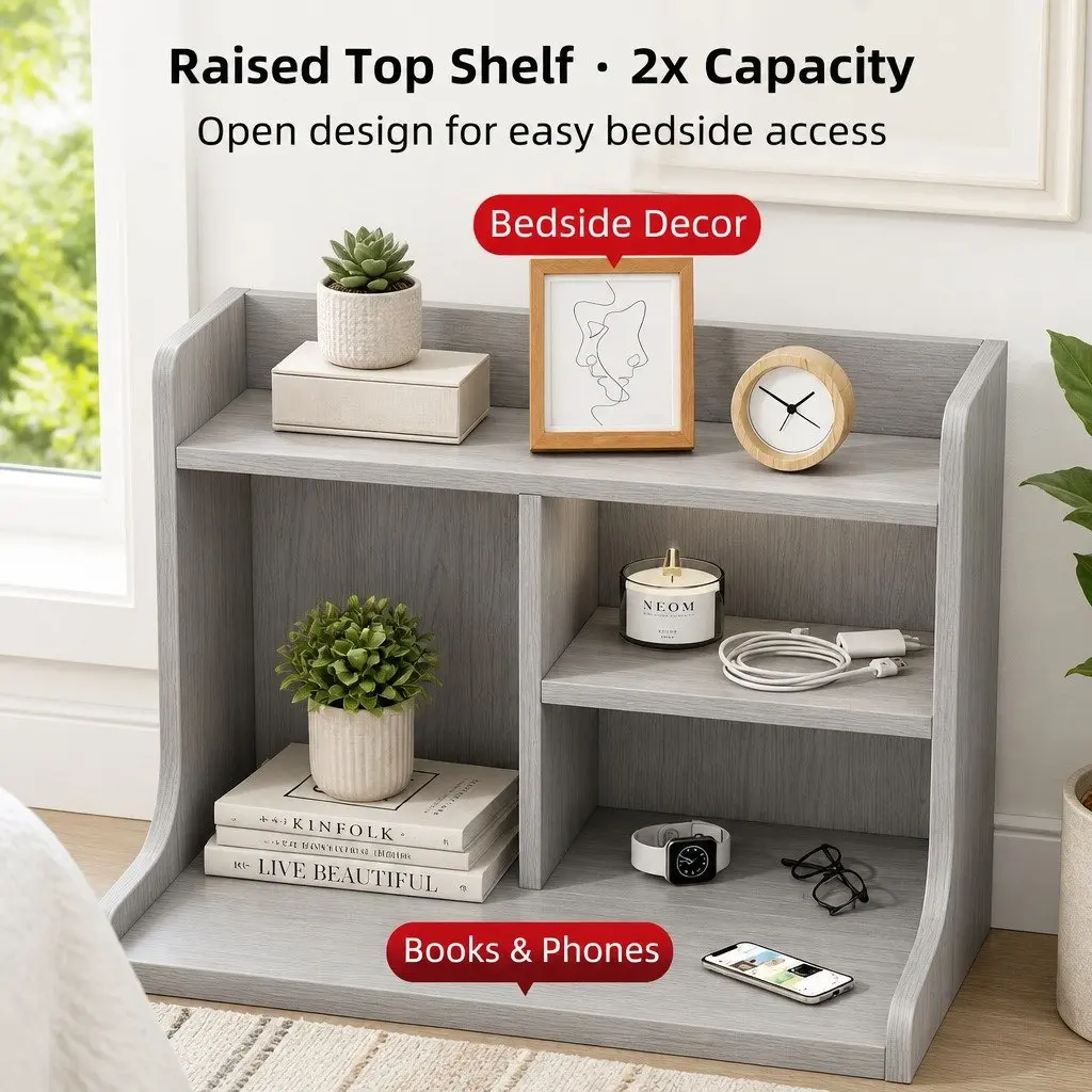 Light Gray Bedside Table Nightstand with 2 Drawers and Open Shelf Storage 70cm
