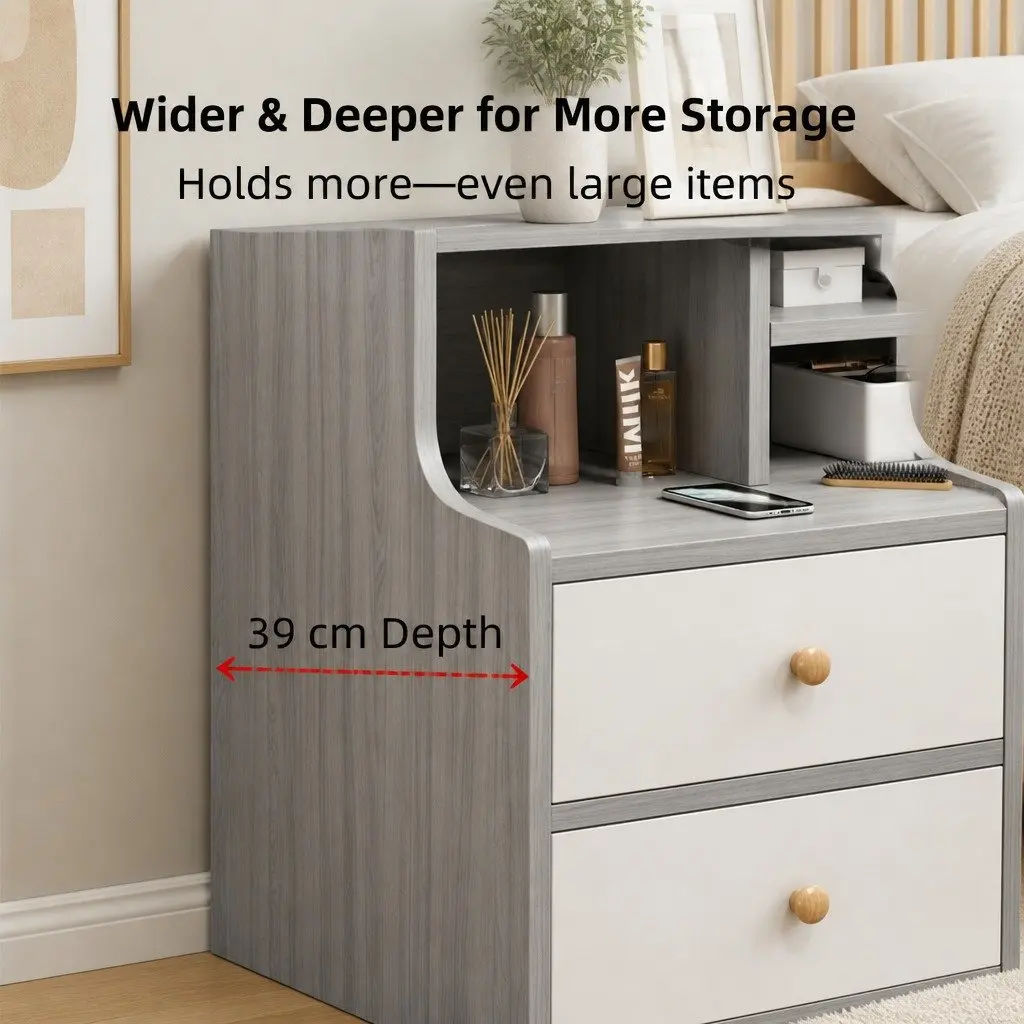 Light Gray Bedside Table Nightstand with 2 Drawers and Open Shelf Storage 70cm