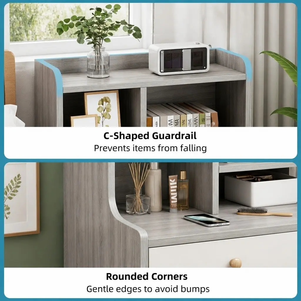 Light Gray Bedside Table Nightstand with 2 Drawers and Open Shelf Storage 70cm