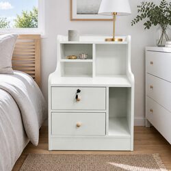 White Wooden Nightstand with Drawers and Storage