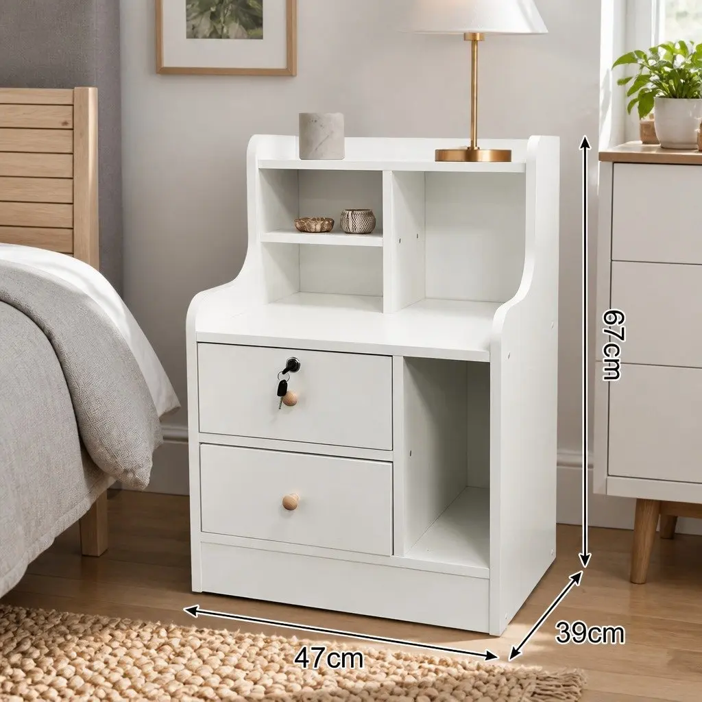 White Wooden Nightstand with Drawers and Storage
