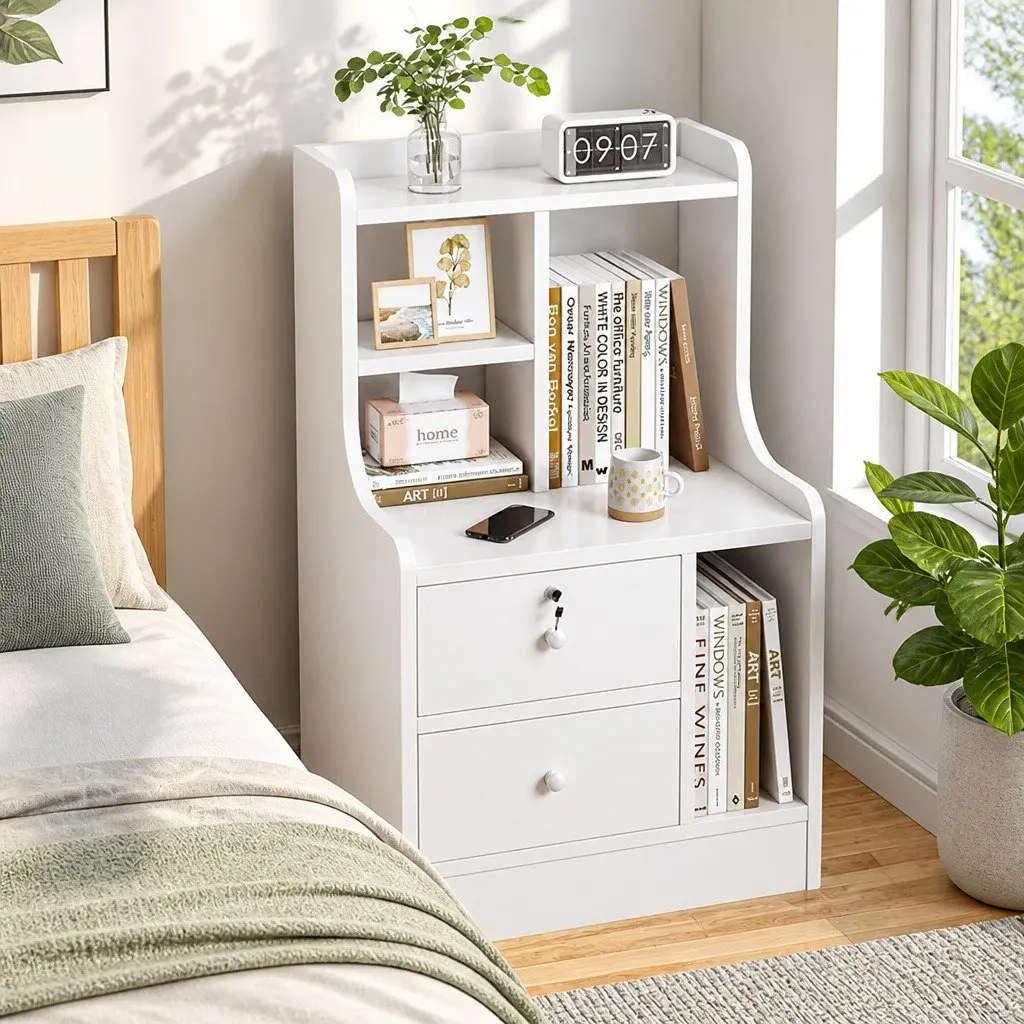 White Wooden Nightstand with Drawers and Storage