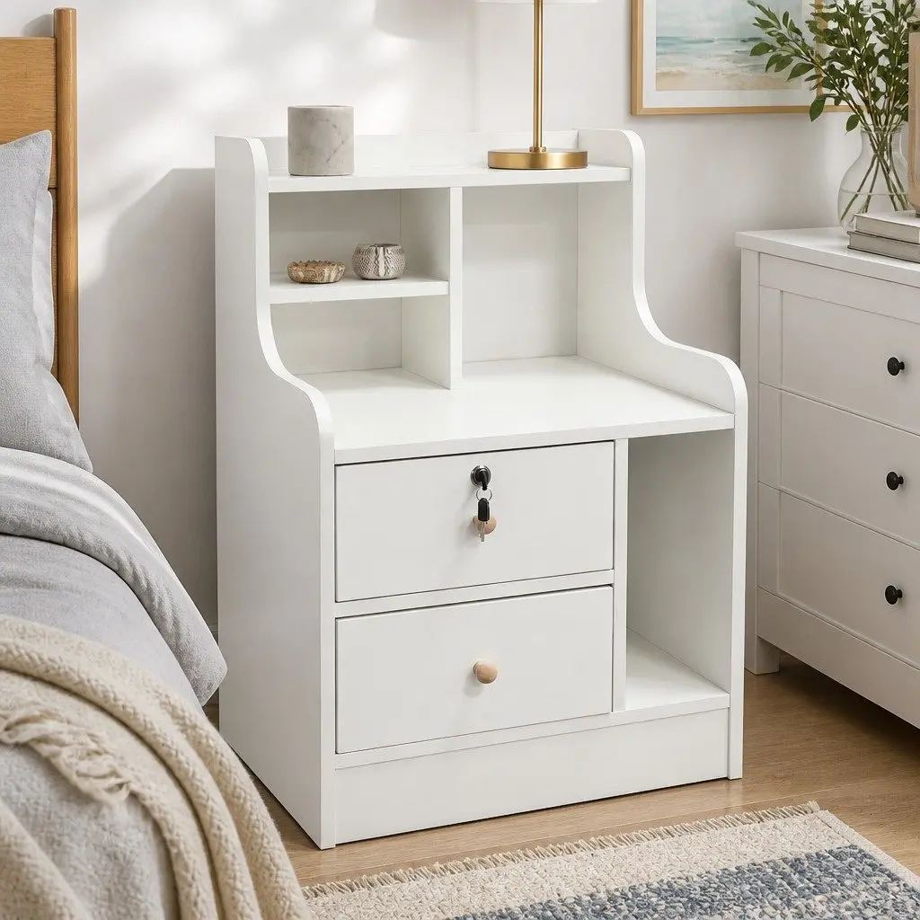 White Wooden Nightstand with Drawers and Storage