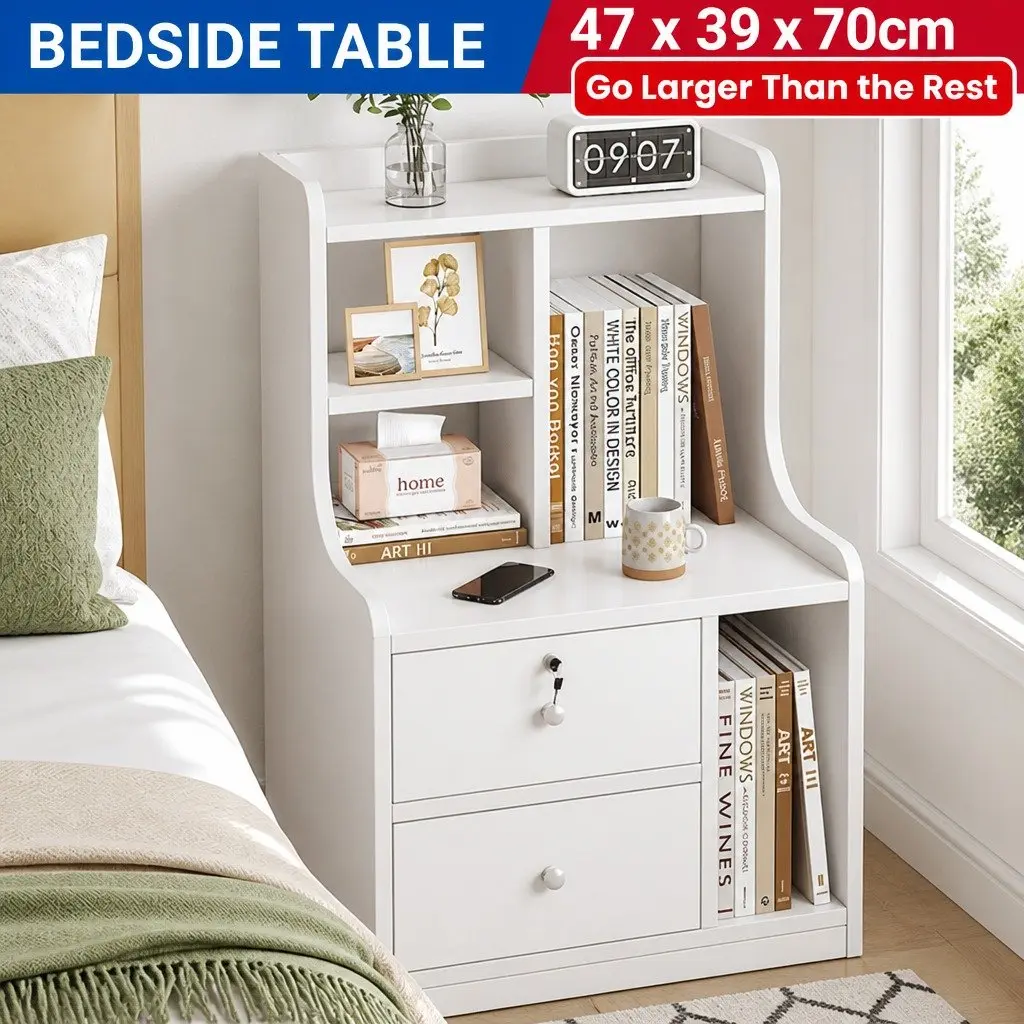 White Wooden Nightstand with Drawers and Storage