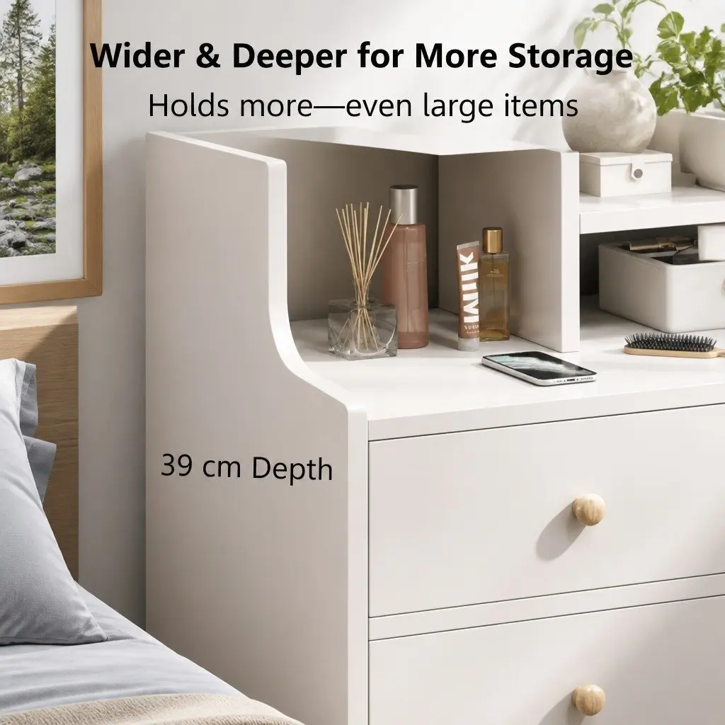 White Wooden Nightstand with Drawers and Storage