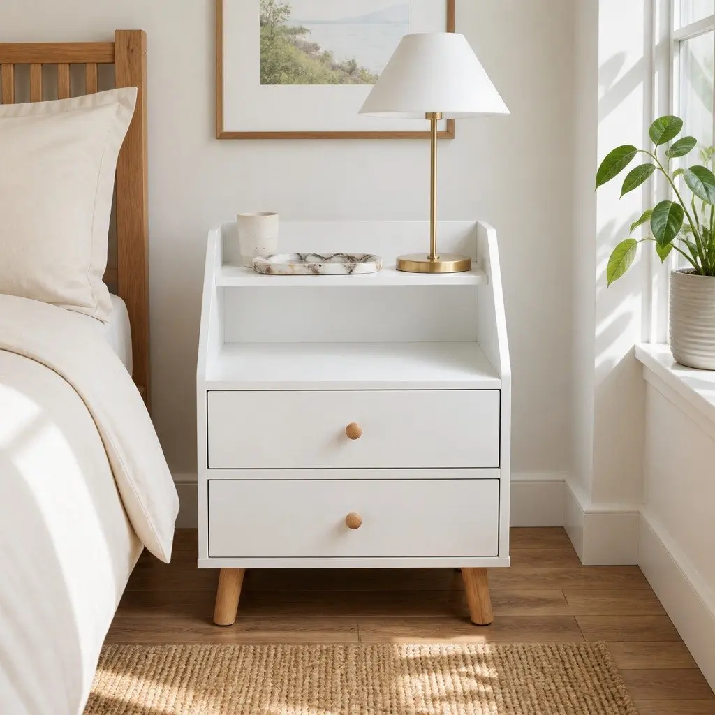 Scandinavian Bedside Table Nightstand 47 cm with 2 Drawers and Open Shelf