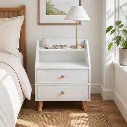 Warm White Bedside Table with Two Drawers and Open Storage