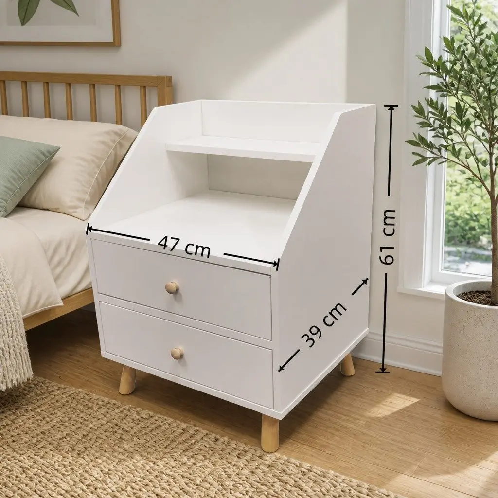 Scandinavian Bedside Table Nightstand 47 cm with 2 Drawers and Open Shelf