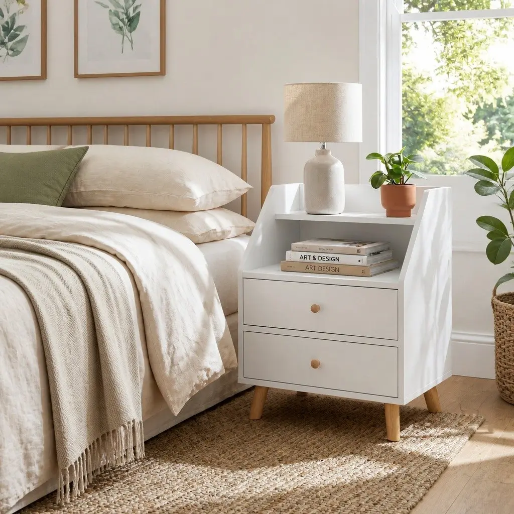 Scandinavian Bedside Table Nightstand 47 cm with 2 Drawers and Open Shelf