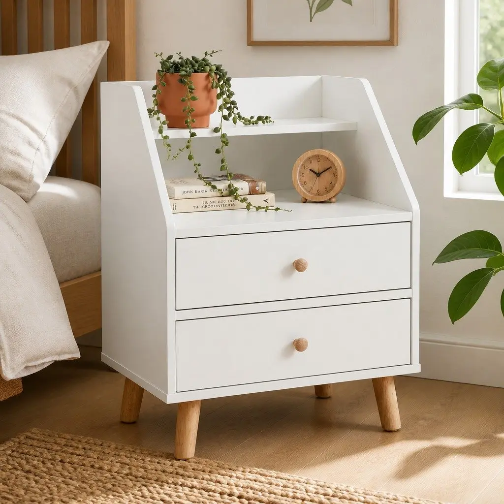 Scandinavian Bedside Table Nightstand 47 cm with 2 Drawers and Open Shelf