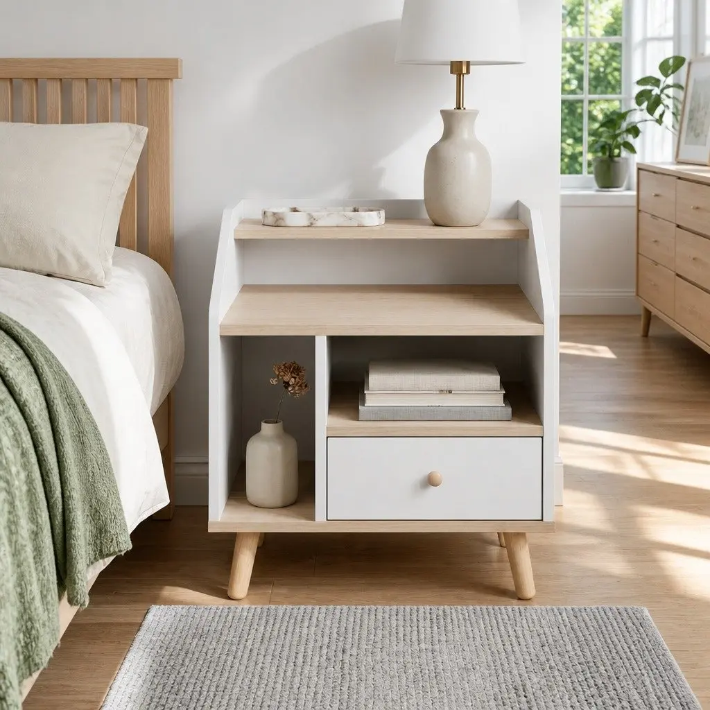 Nordic-Style White Bedside Table with Open Shelves