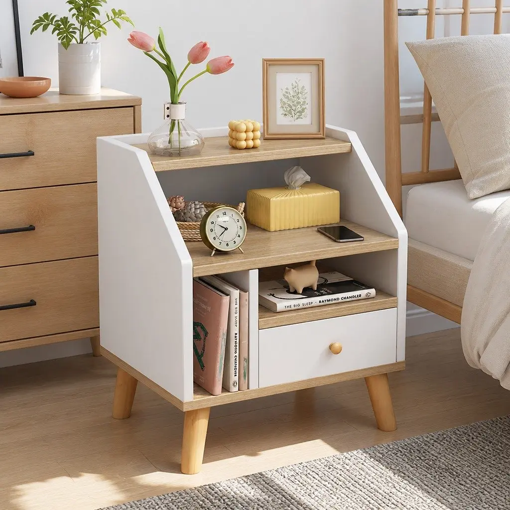 Nordic-Style White Bedside Table with Open Shelves