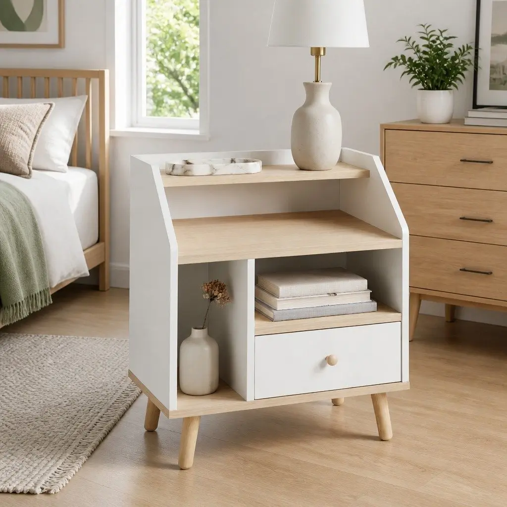 Nordic-Style White Bedside Table with Open Shelves