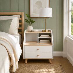 Nordic-Style Bedside Table with Open Storage and Drawers