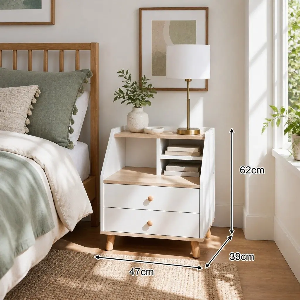 White Wood Bedside Table Nightstand with 2 Drawers and Open Storage, 47 cm