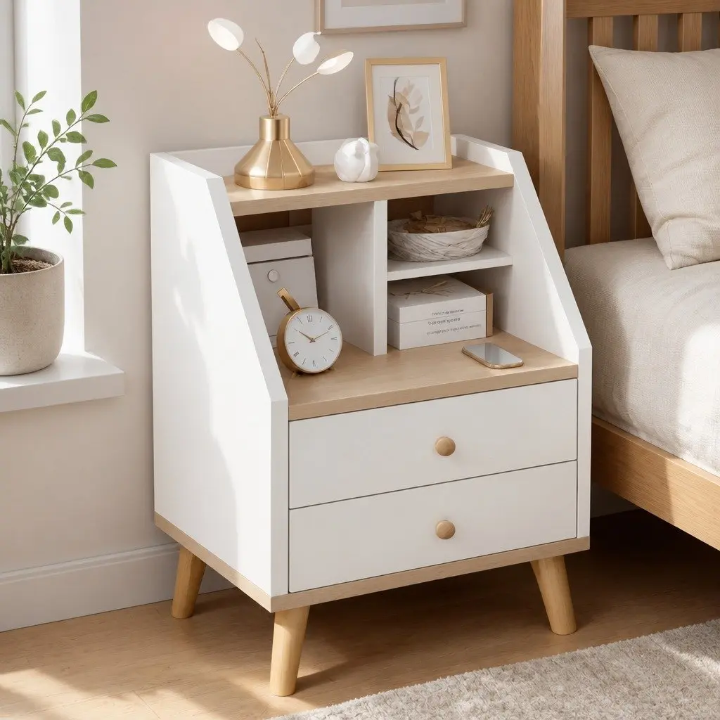White Wood Bedside Table Nightstand with 2 Drawers and Open Storage, 47 cm