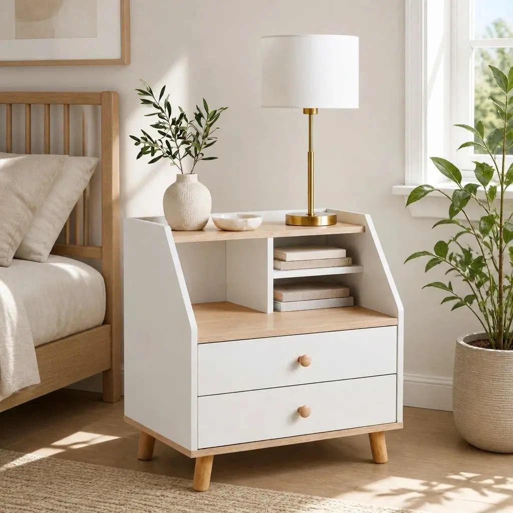White Wood Bedside Table Nightstand with 2 Drawers and Open Storage, 47 cm