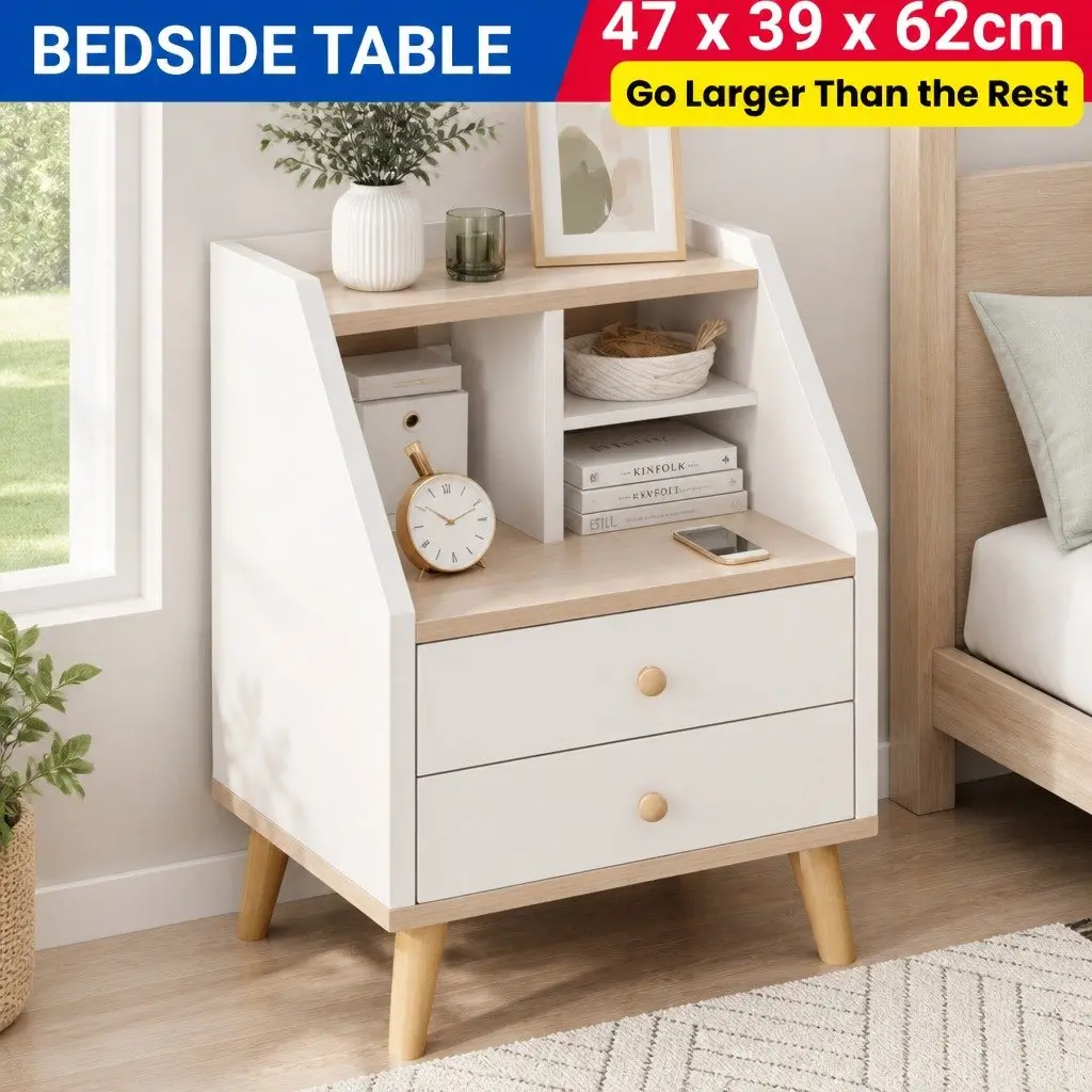 White Wood Bedside Table Nightstand with 2 Drawers and Open Storage, 47 cm