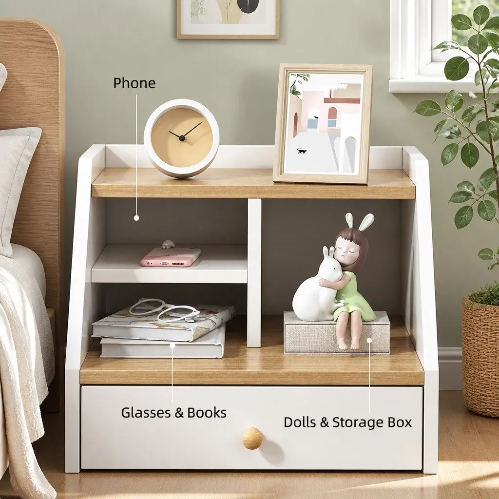 White Wood Bedside Table Nightstand with 2 Drawers and Open Storage, 47 cm