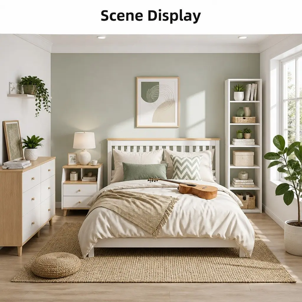 White Wood Bedside Table Nightstand with 2 Drawers and Open Storage, 47 cm